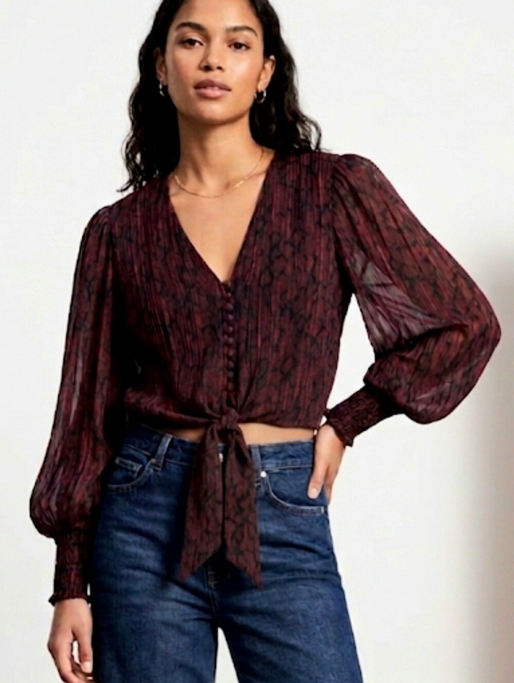 Zara Burgundy & Black Sheer Tie Front Blouse Size Small